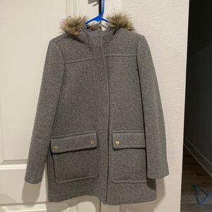 Grey winter coat with faux fire lined hood. J crew factory